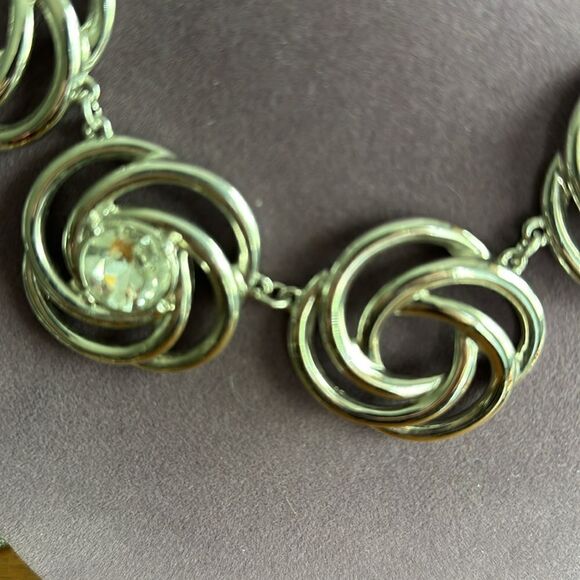 White House Black Market Statement Silvertone And Crystal Swirl Necklace - Picture 2 of 4